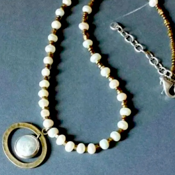 Silpada Vintage Go Coastal Pearl Brass & Sterling Silver Necklace 19" Adjustable - Picture 6 of 8